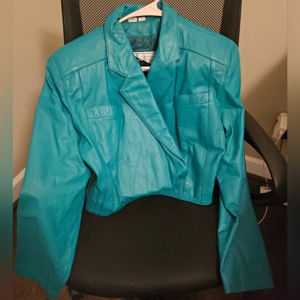 VINTAGE Teal Yucatan Bay Cropped Leather Jacket from Korea
